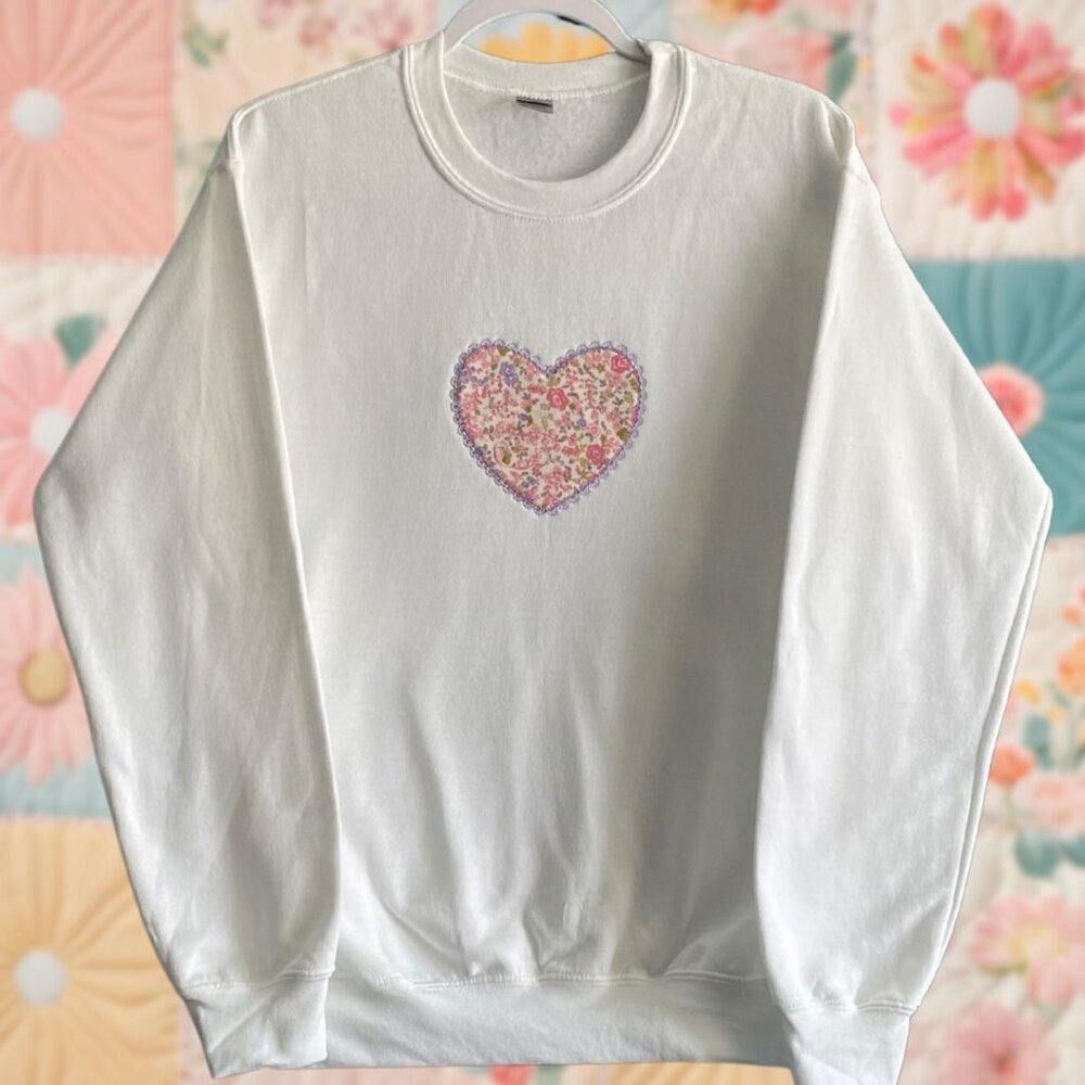 Heart Patchwork Pink Floral Purple Lace Embroidered Small Crewneck Sweatshirt